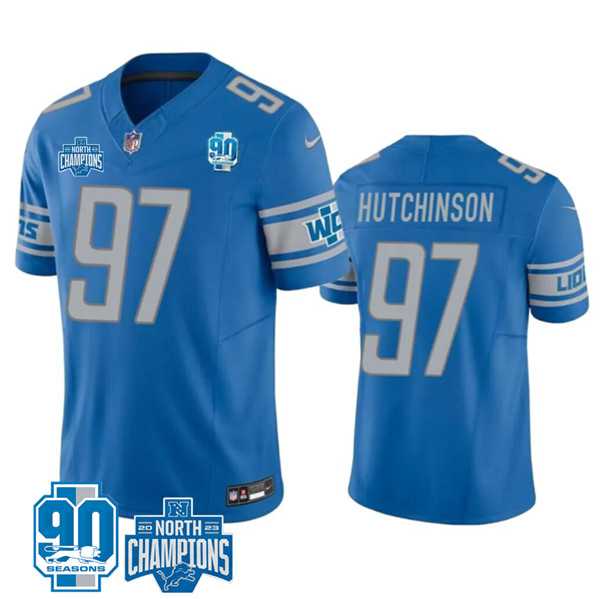 Men & Women & Youth Detroit Lions #97 Aidan Hutchinson Blue 2023 90th Anniversary North Division Champions Patch Limited Stitched Jersey,We sell and wholesale Men & Women & Youth Detroit Lions #97 Aidan Hutchinson Blue 2023 90th Anniversary North Division Champions Patch Limited Stitched Jersey on line form chian!